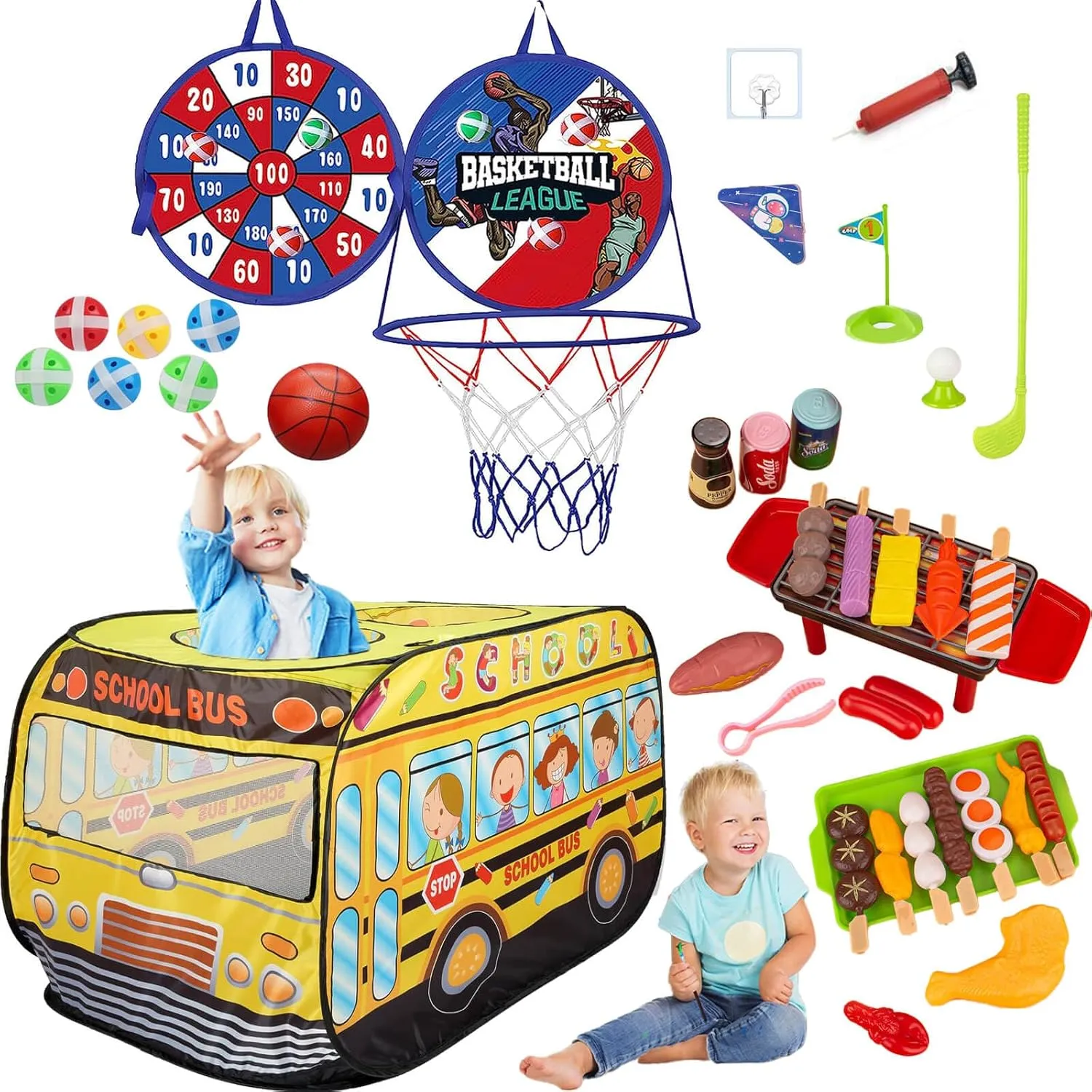 Pop Up Tents for Kids 3-5, Indoor Playhouse for Toddler with Golf, Dart, Basketball Hoop, Barbecue Playset, Foldable Tent for Toddlers, Gift for Girls & Boys, Flat-Folding School Bus Tent