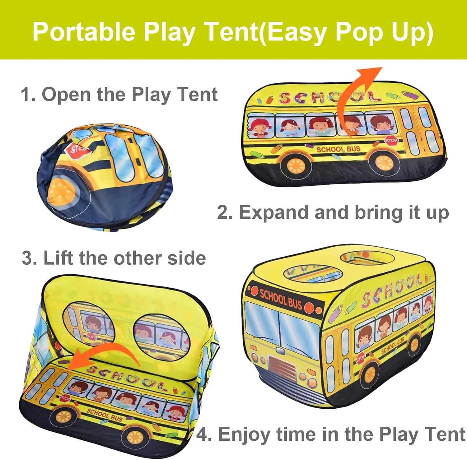 Pop Up Tents for Kids 3-5, Indoor Playhouse for Toddler with Golf, Dart, Basketball Hoop, Barbecue Playset, Foldable Tent for Toddlers, Gift for Girls & Boys, Flat-Folding School Bus Tent