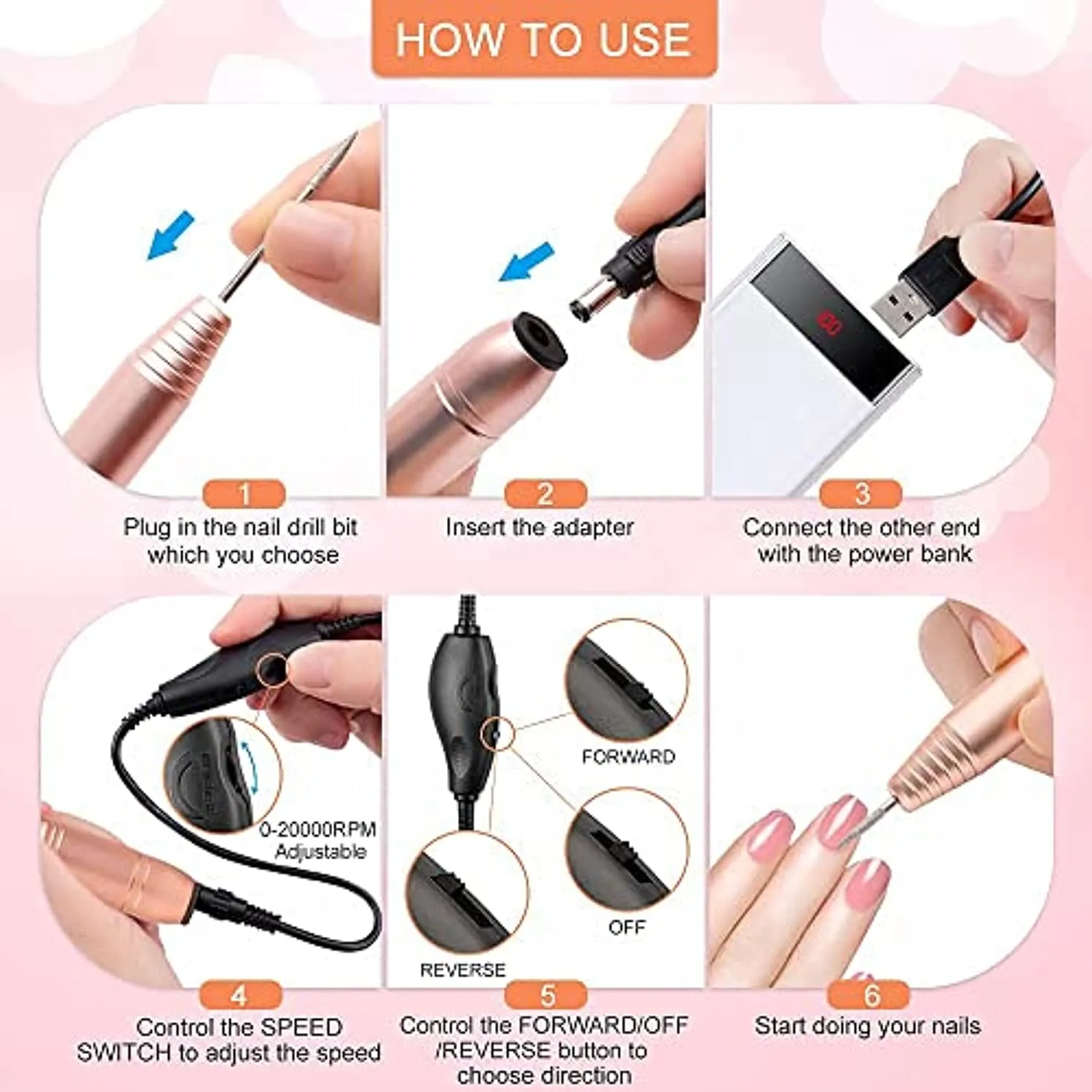 Porfessional Acrylic Nail Drill, USB Electric Nail Drill Machine, Portable Electrical Nail File Kit for Gel Nails and Home Salon, Manicure Pedicure Polishing Shape Tools, Gold