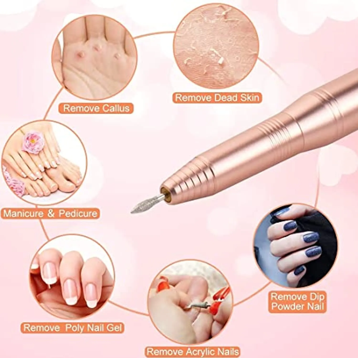 Porfessional Acrylic Nail Drill, USB Electric Nail Drill Machine, Portable Electrical Nail File Kit for Gel Nails and Home Salon, Manicure Pedicure Polishing Shape Tools, Gold
