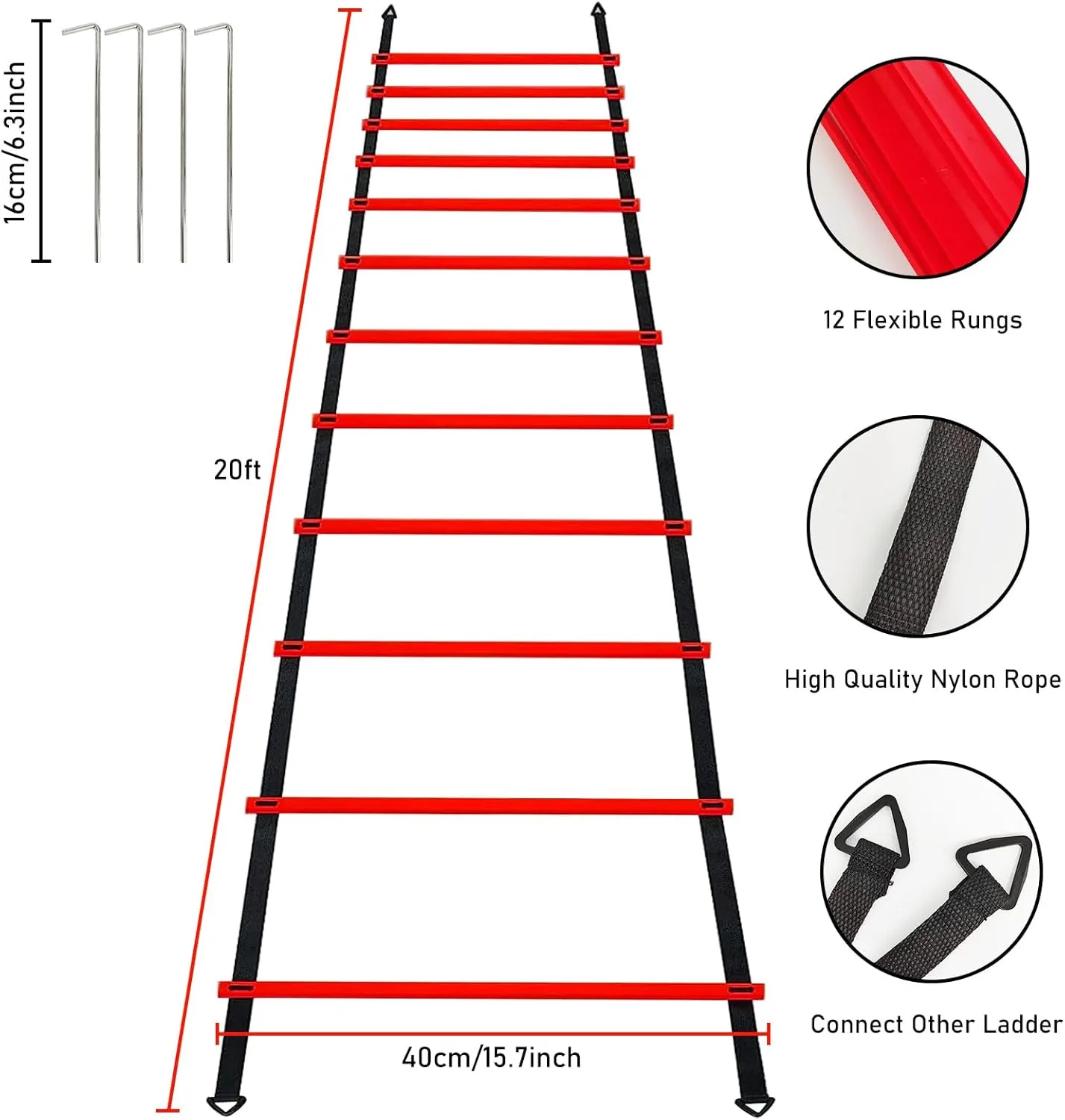 Pro Speed & Agility Training SetIncludes 12 Rung 20ft Adjustable Agility Ladder with Carrying Bag, 12 Disc Cones, 4 Steel Stakes, 1 Resistance Parachute, Use Equipment to Improve Footwork Any Sport