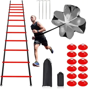Pro Speed & Agility Training SetIncludes 12 Rung 20ft Adjustable Agility Ladder with Carrying Bag, 12 Disc Cones, 4 Steel Stakes, 1 Resistance Parachute, Use Equipment to Improve Footwork Any Sport
