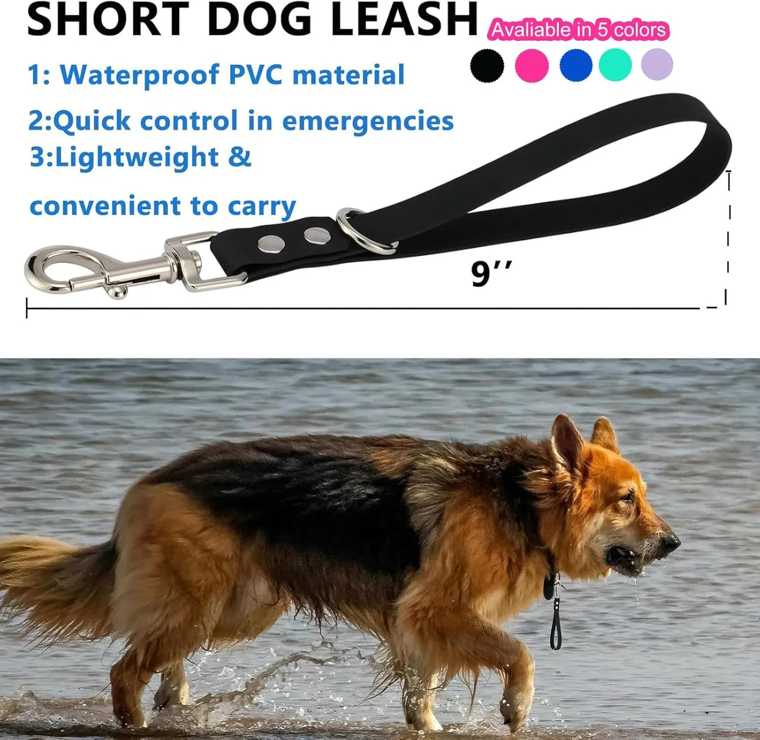 Short Dog Leash - 9 Inch Dogs Lead Grab Tab Heavy Duty Waterproof PVC Dog Training Traffic Leashes for Safety Control Behavior Correction Hiking Backup & All Breeds (Black, 9'')