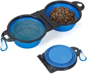 Silicone Collapsible Dog Bowls for Travel, Portable Pet Water and Food Dish, Foldable Dog Cat Accessories for Camping (Blue)