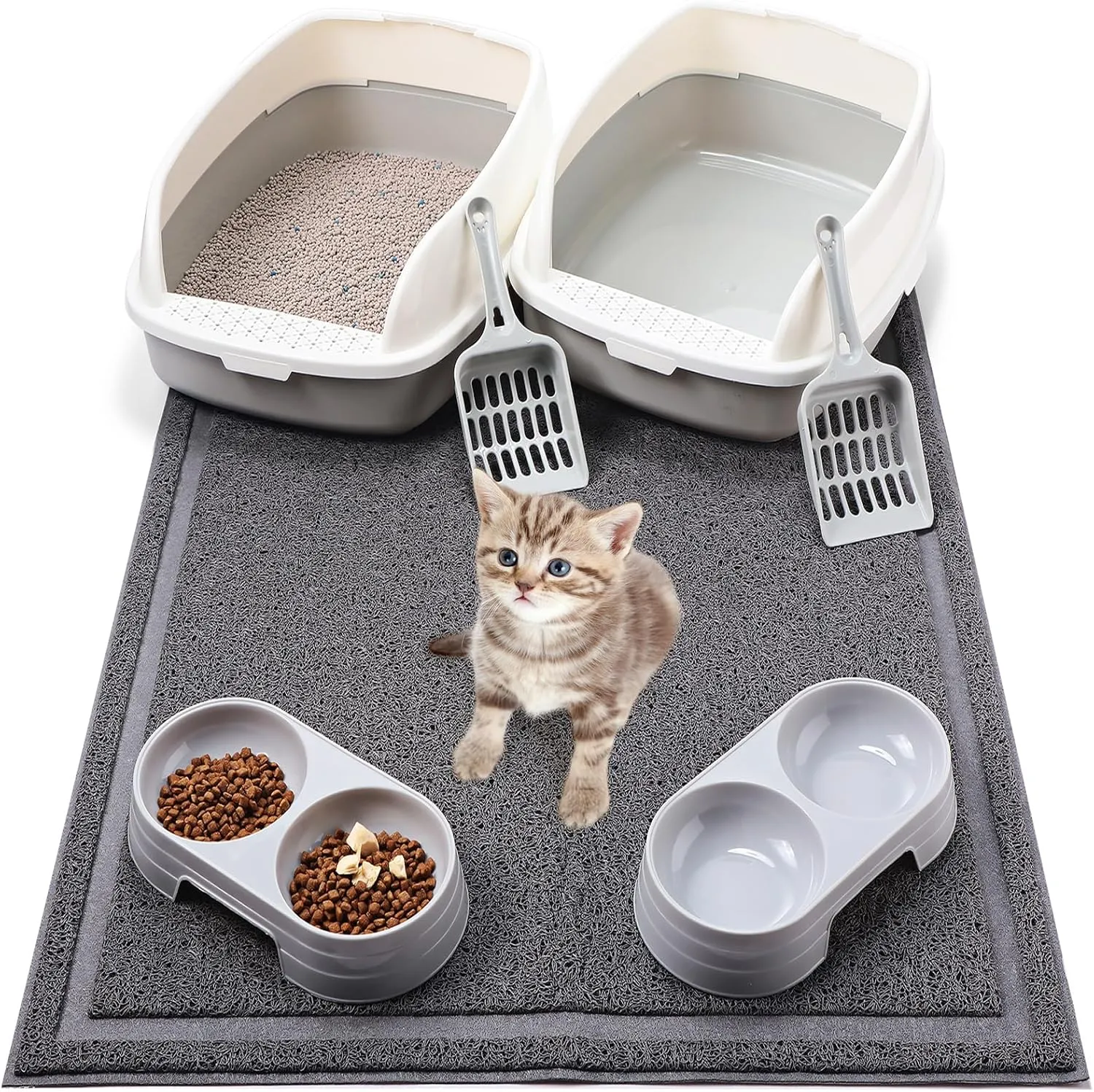 Sliner 7 Pcs Litter Box Kitten Kit Include 2 Pcs Kitten Litter Box Low Entry, 2 Cat Bowls, 1 Large Waterproof Nonslip Mat, 2 Scoopers