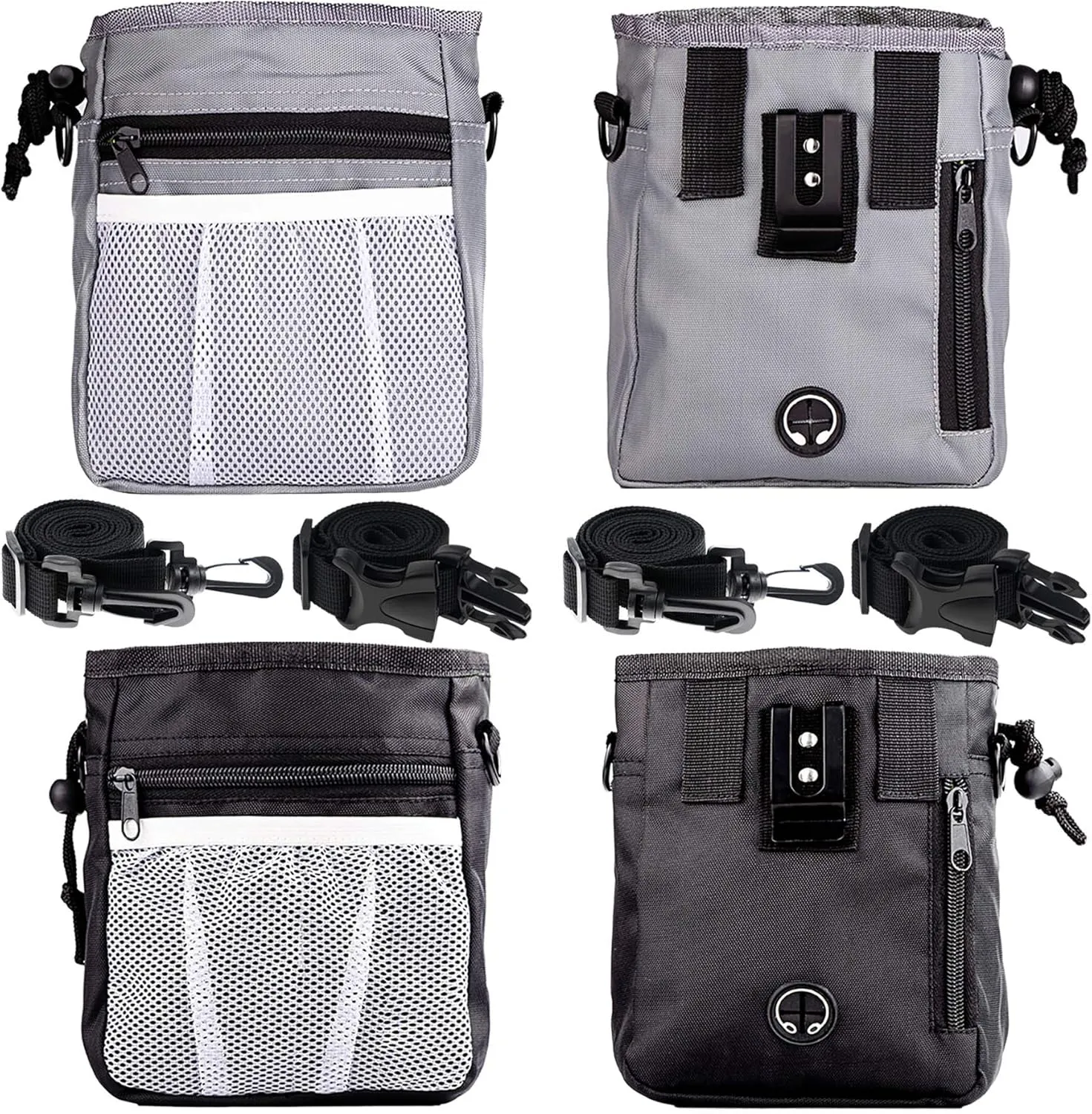 STMK 2 Pack Dog Treat Pouch, Dog Training Treat Pouch with Waist Shoulder Strap, 3 Ways to Wear, Easily Carries Toys, Kibble, Treats for Dog Walking, Dog Training, Puppy Training (Grey and Black)
