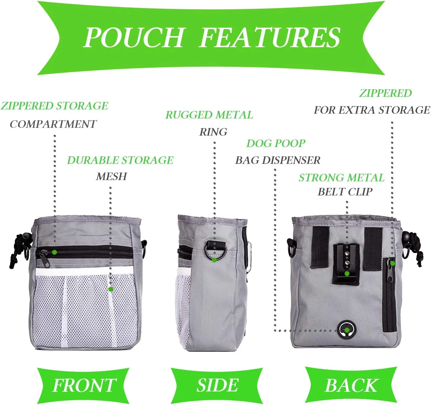 STMK 2 Pack Dog Treat Pouch, Dog Training Treat Pouch with Waist Shoulder Strap, 3 Ways to Wear, Easily Carries Toys, Kibble, Treats for Dog Walking, Dog Training, Puppy Training (Grey and Black)