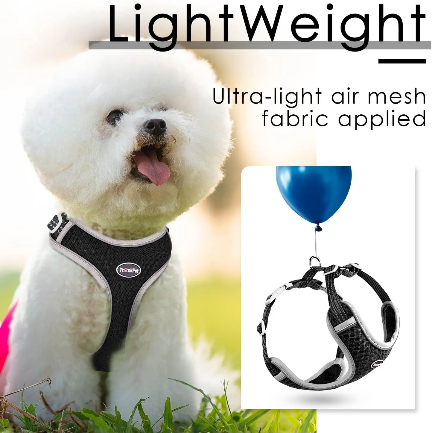 ThinkPet Harness and Leash Set Reflective Breathable Soft Air Mesh No Pull Puppy Choke Free Over Head Vest Ventilation Harness with Leash for Puppy Small Medium Dogs and Cats