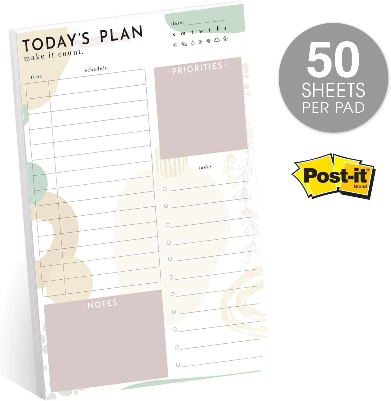 Today's Plan Daily Planner Pad / 8" x 11.5" Sticky Note Fill in Task Tracker/Unique Boho Design/Earth Tone Organizational Lists