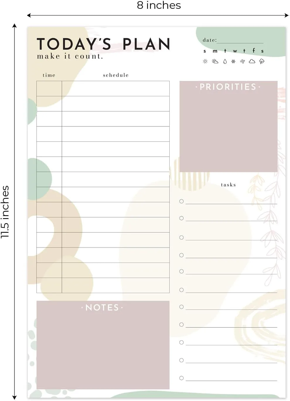 Today's Plan Daily Planner Pad / 8" x 11.5" Sticky Note Fill in Task Tracker/Unique Boho Design/Earth Tone Organizational Lists