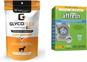 VETRISCIENCE Glycoflex 3 Maximum Strength Hip & Joint Support for Small Dogs Under 30lbs & Affresh Washing Machine Cleaner, 6 Month Supply, Cleans Front Load and Top Load Washers