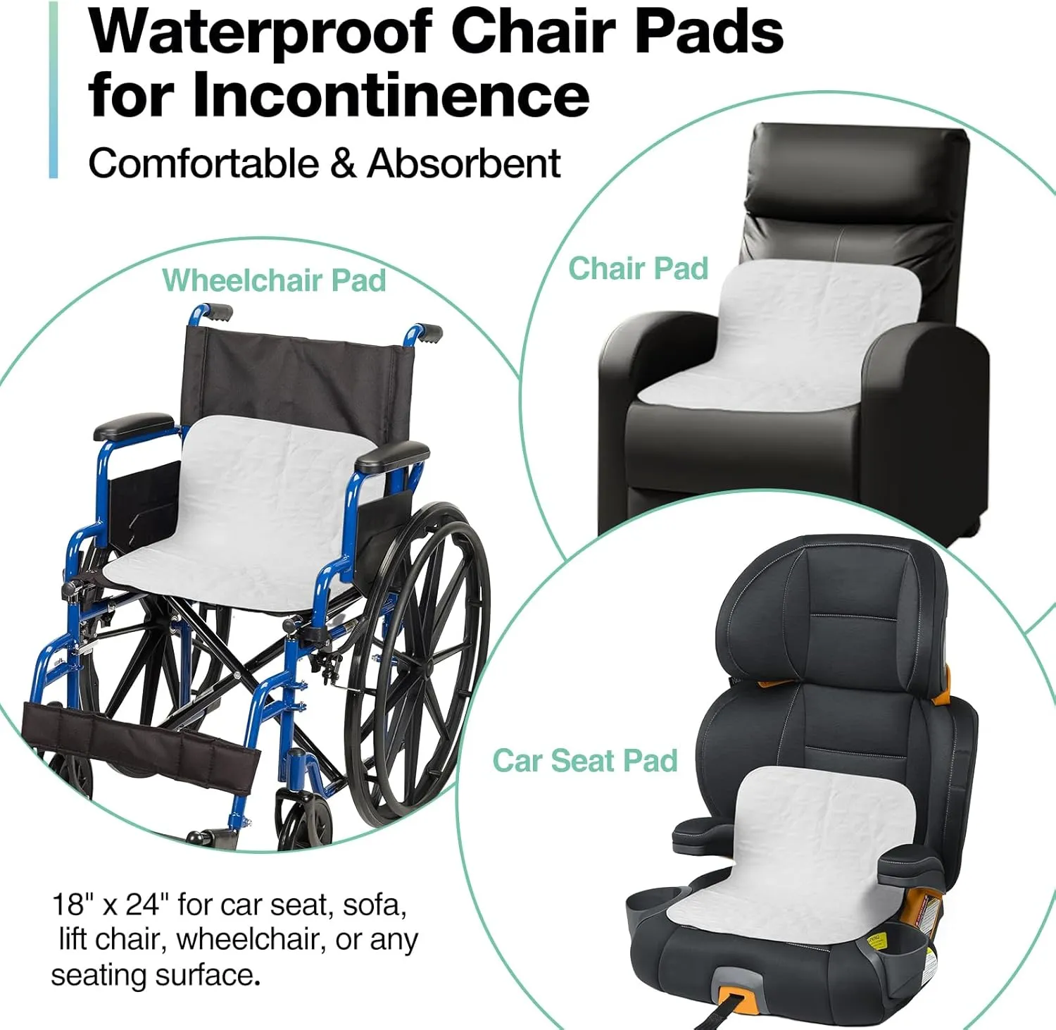 Washable Waterproof Underpads, 18" x 24" (3 Pack) Heavy Absorbency Reusable Incontinence Pads for Crib, Bassinet, Chair, Car Seat, Sofa, Wheelchair