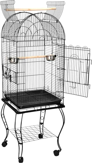 ZENSTYLE 63.5 Open Top Standing Bird Cage Aviary for Quaker,Parrot,Cockatiel,Sun Parakeet,Green-Cheek,Conure w/Dome,Detachable Stand,Rolling Wheels,Stainless Steel Feeder